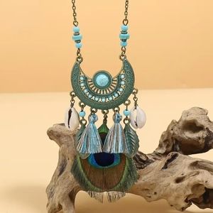 Turquoise Feather Shell Long Boho Statement Necklace